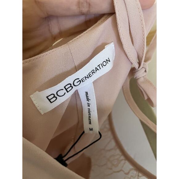 BCBGeneration Dress Women's Medium Pink Chiffon Tiered Lace Aline Rose Smoke - Picture 2 of 8